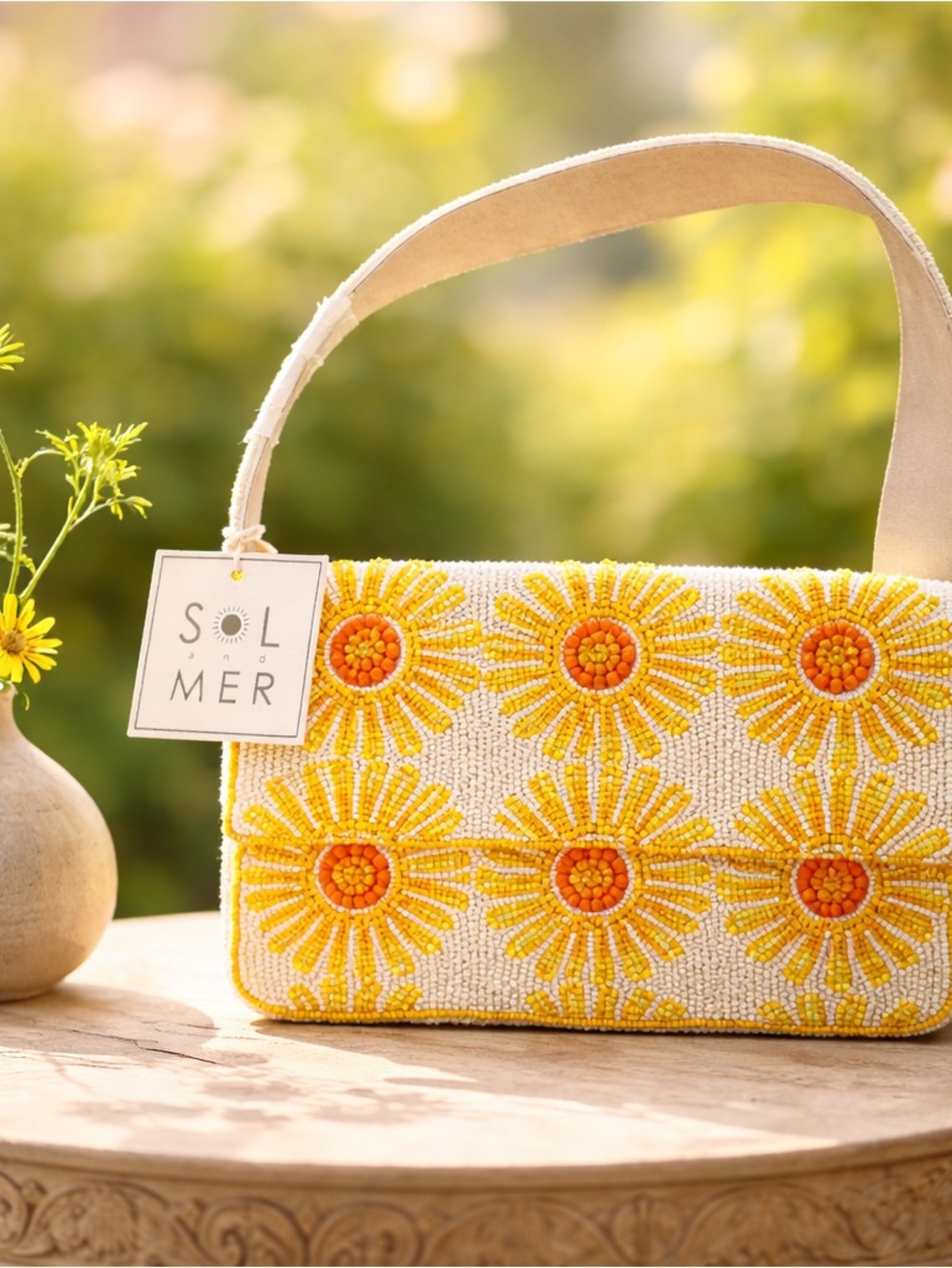 Beaded Daisy Fold-Over Clutch in White and Yellow
